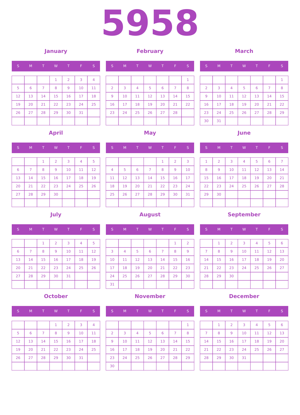 Printable 5958 Year Calendars purple