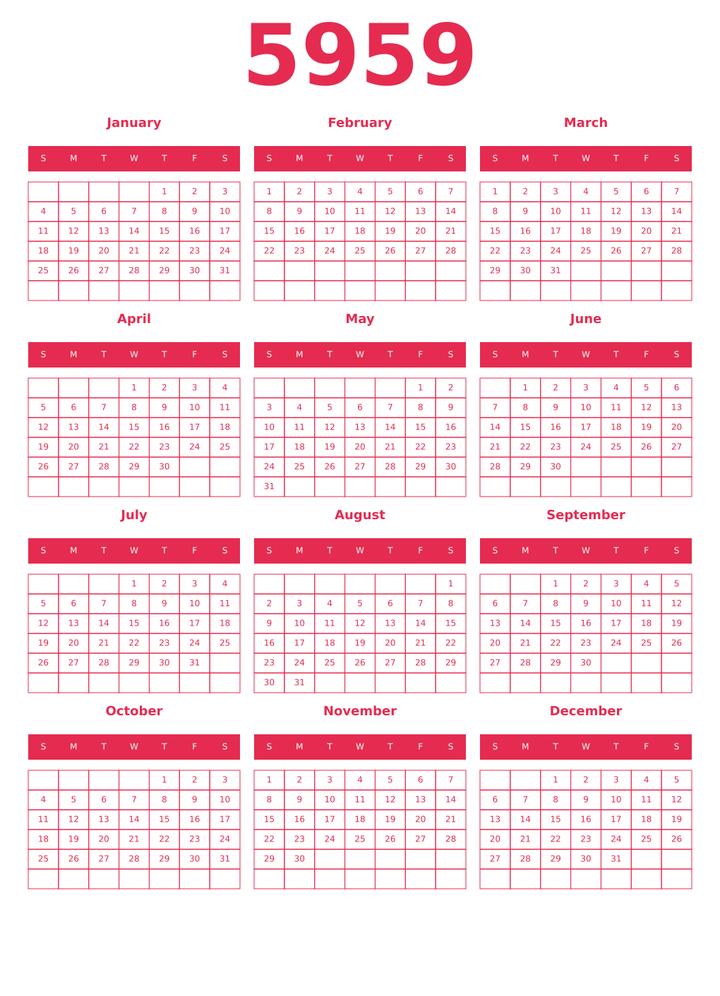 Printable 5959 Year Calendars amaranth