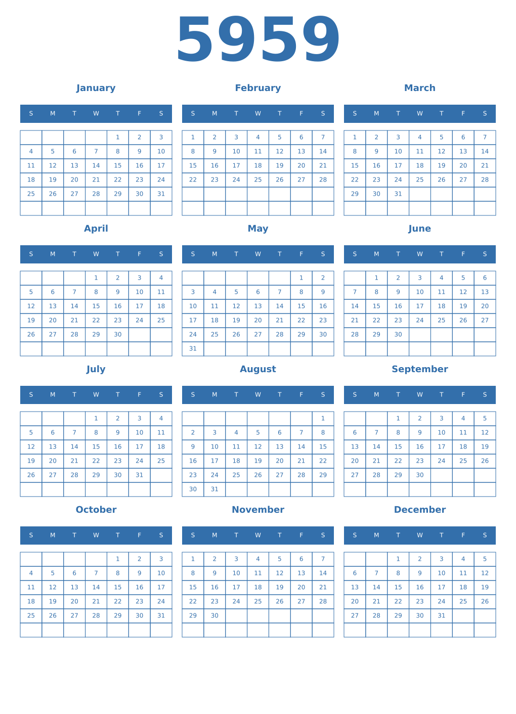 Printable 5959 Year Calendars blue