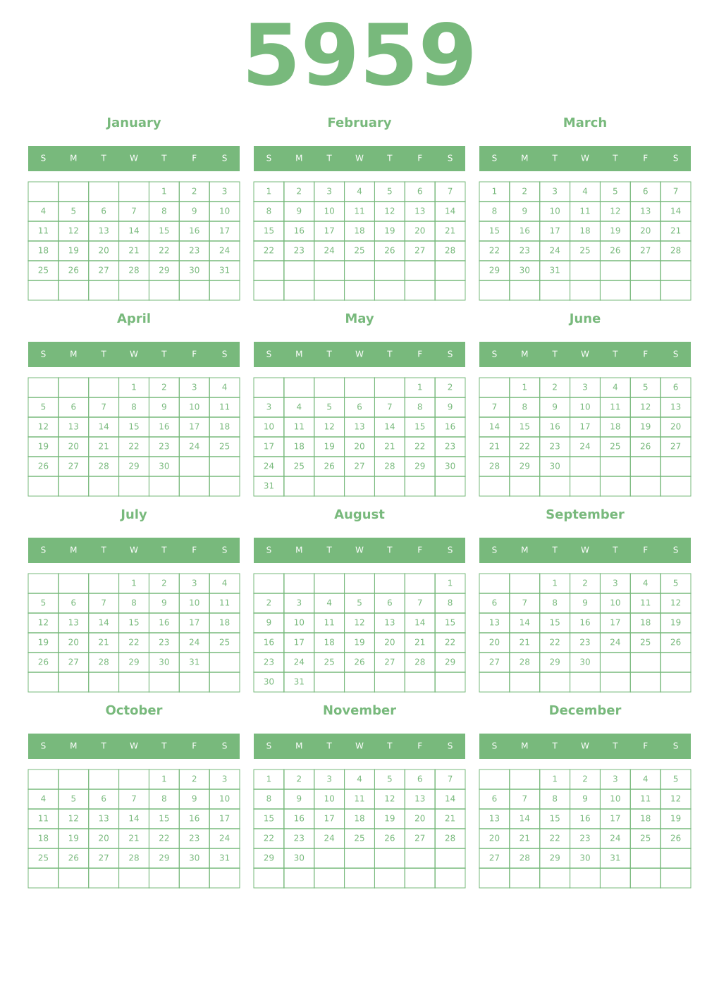 Printable 5959 Year Calendars celadon