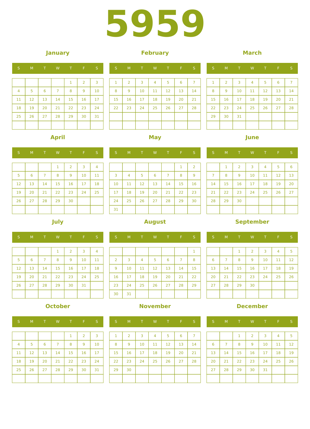 Printable 5959 Year Calendars chartreuse