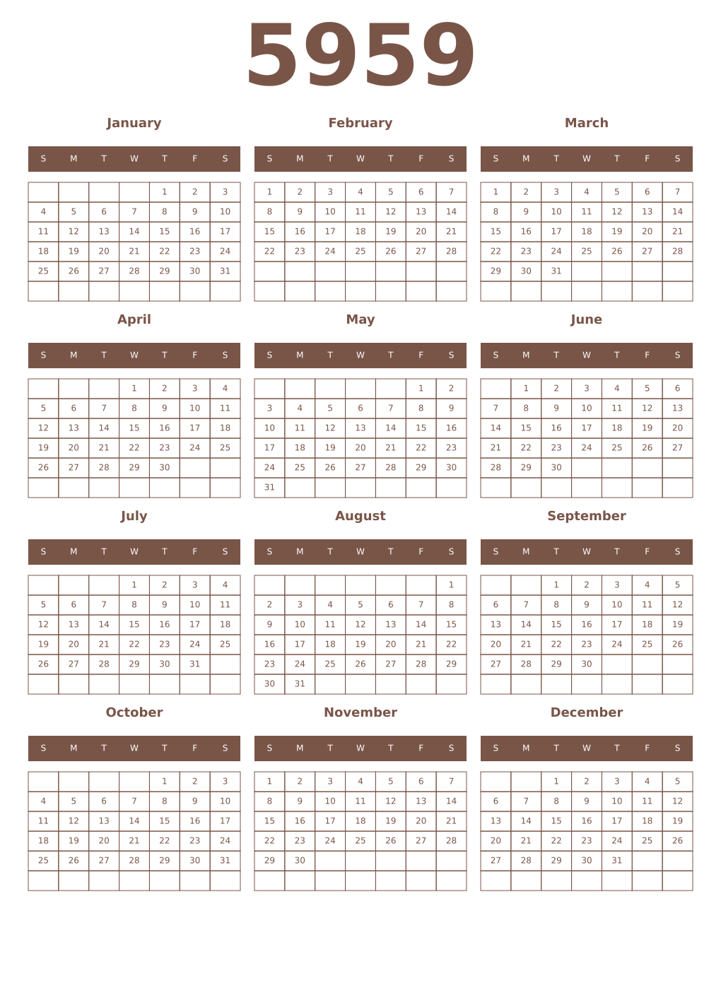 Printable 5959 Year Calendars coffe