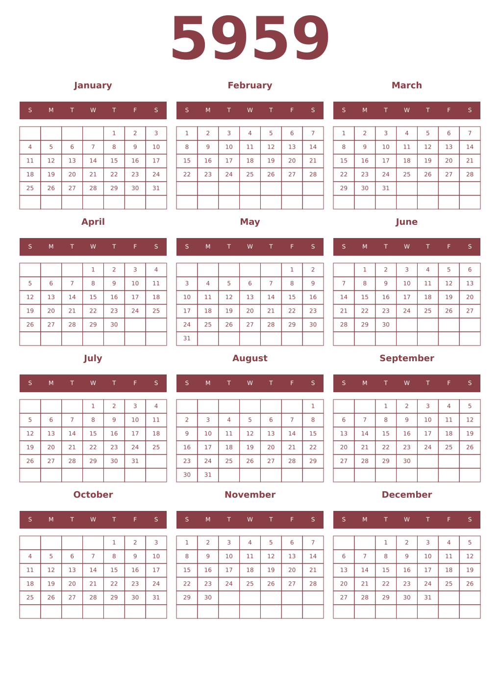 Printable 5959 Year Calendars cordovan