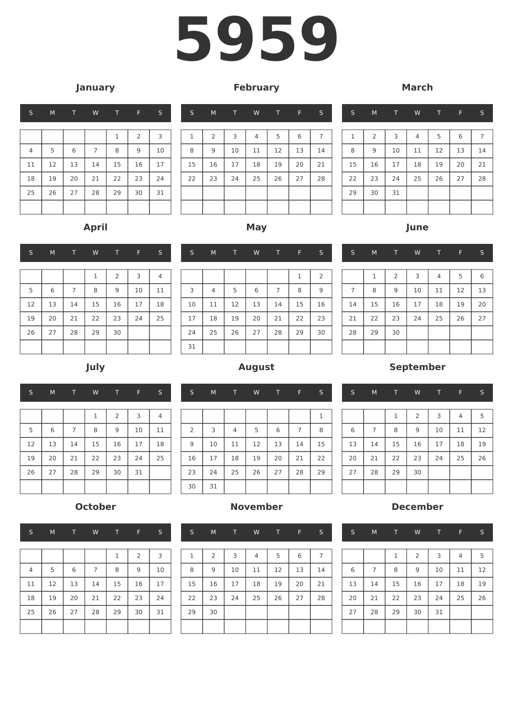 Printable 5959 Year Calendars dark