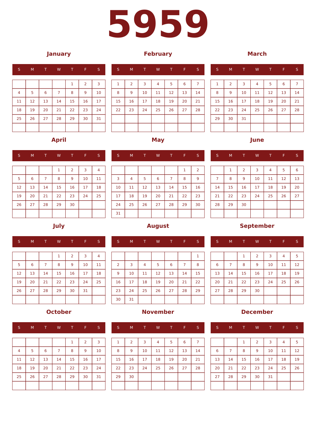 Printable 5959 Year Calendars falu