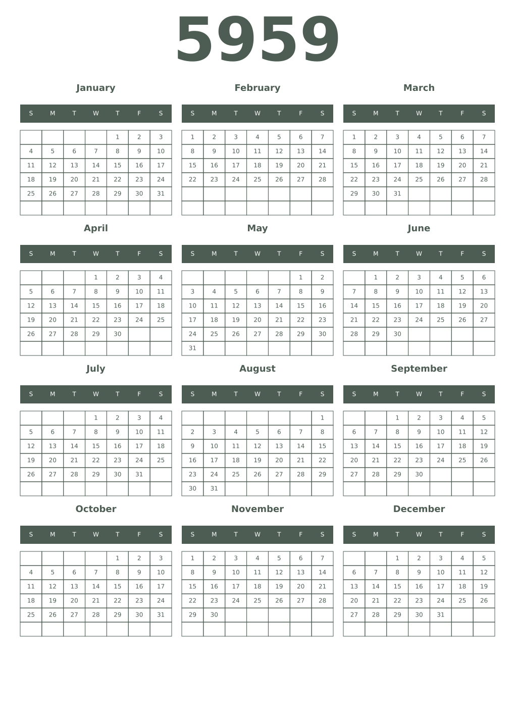 Printable 5959 Year Calendars feldgrau
