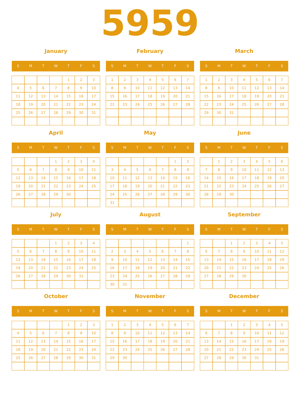 Printable 5959 Year Calendars gamboge