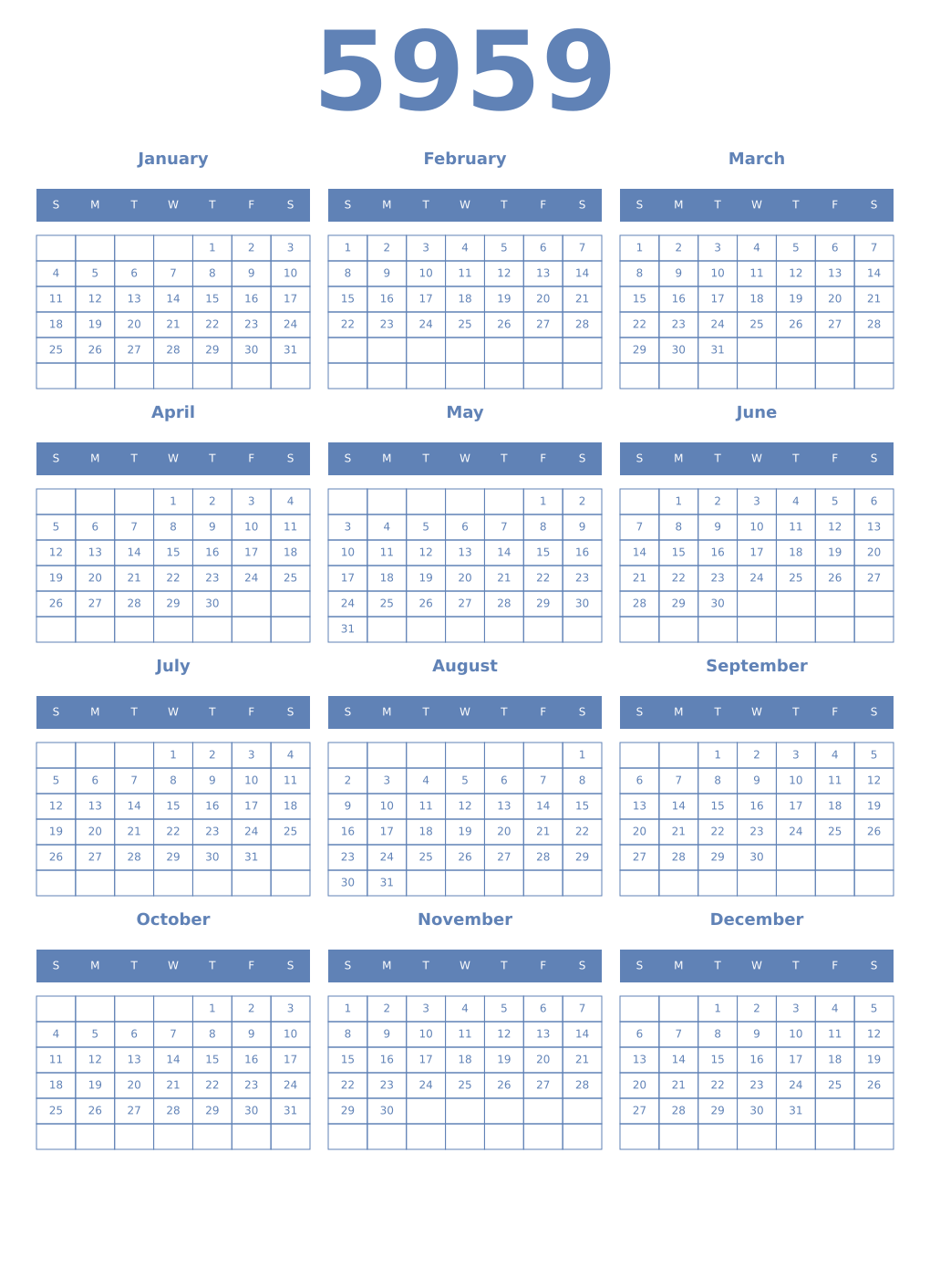 Printable 5959 Year Calendars glaucous