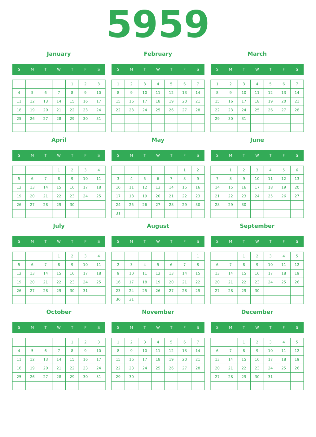 Printable 5959 Year Calendars green