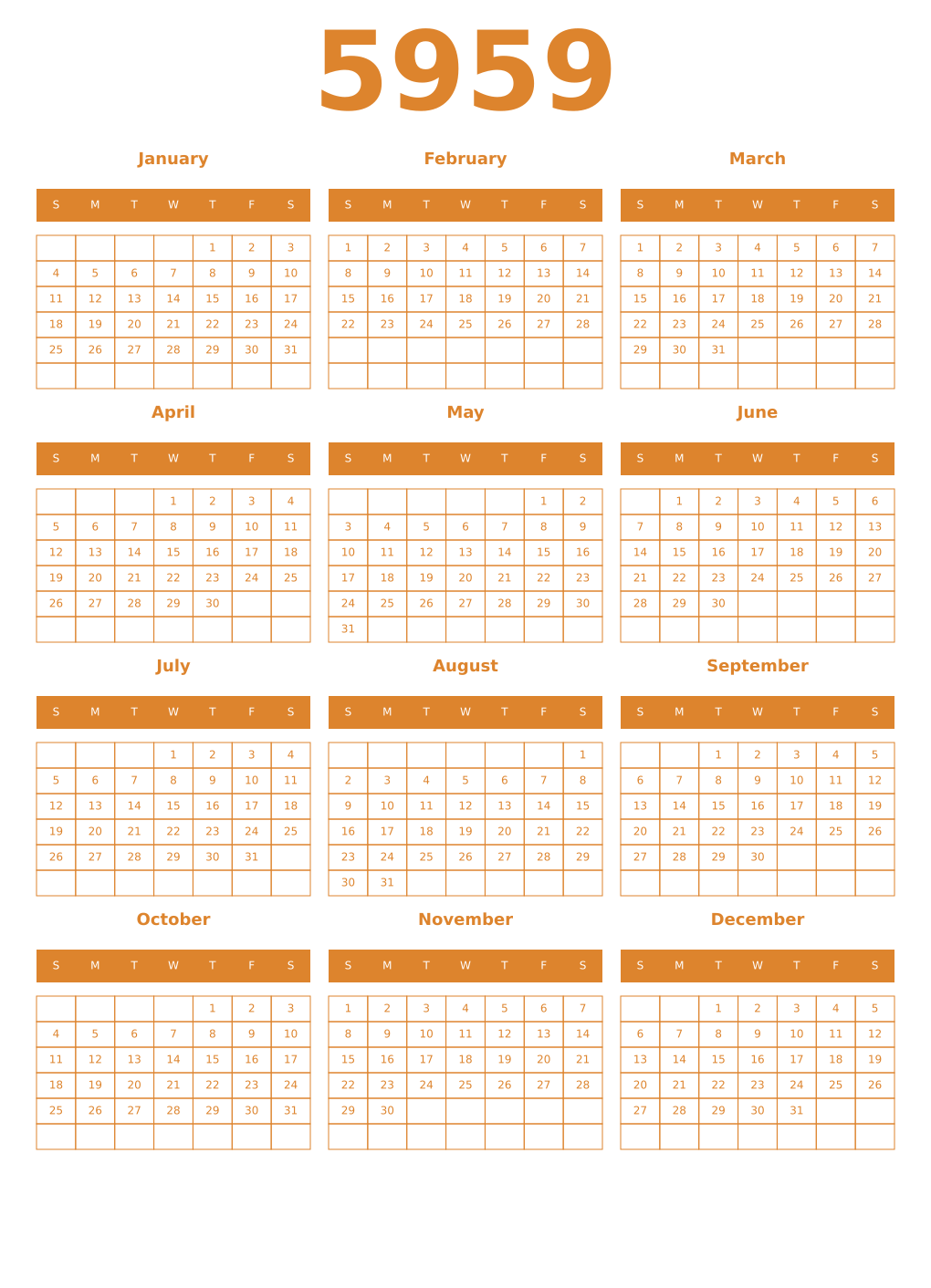 Printable 5959 Year Calendars orange