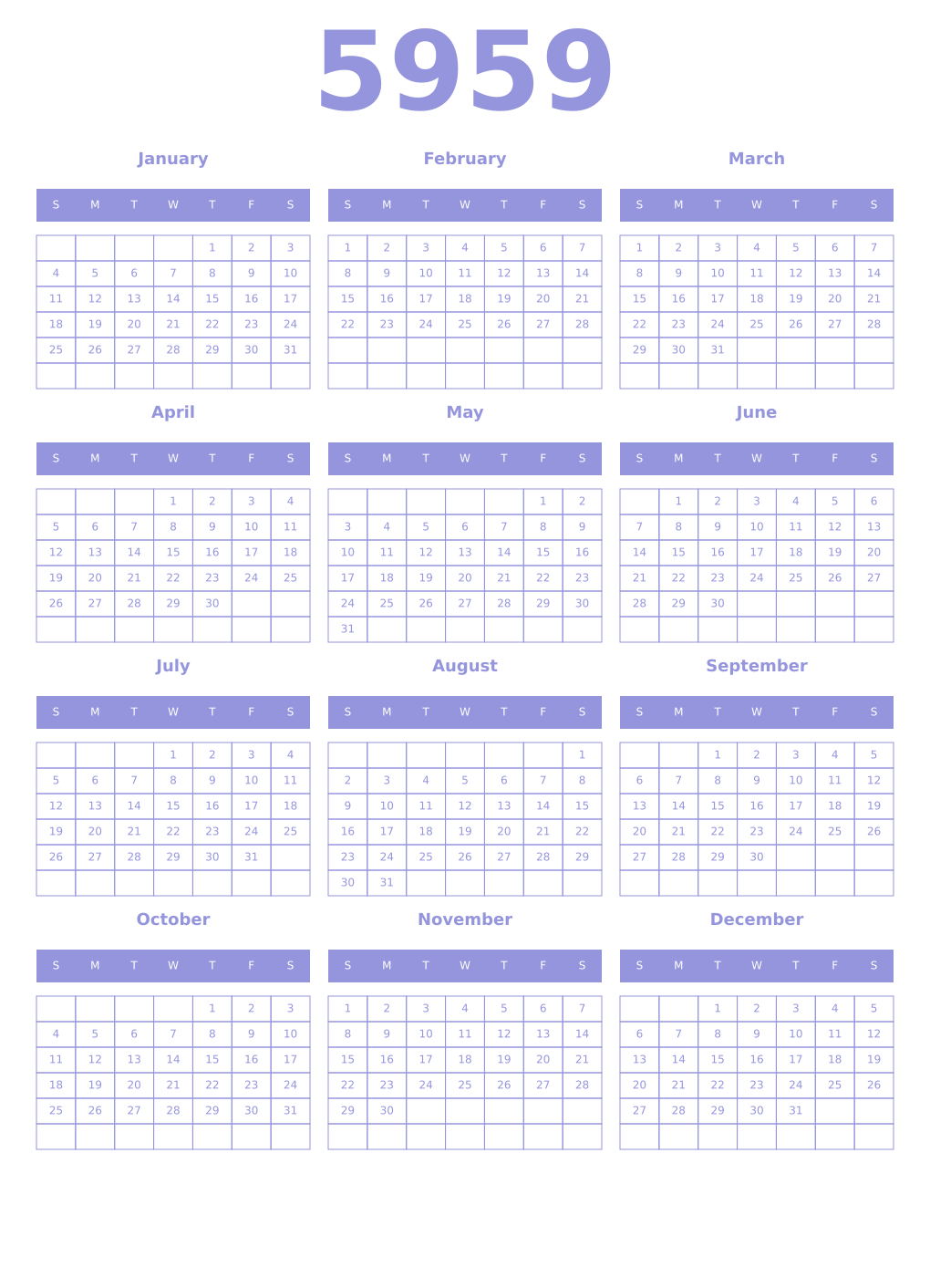 Printable 5959 Year Calendars periwinkle