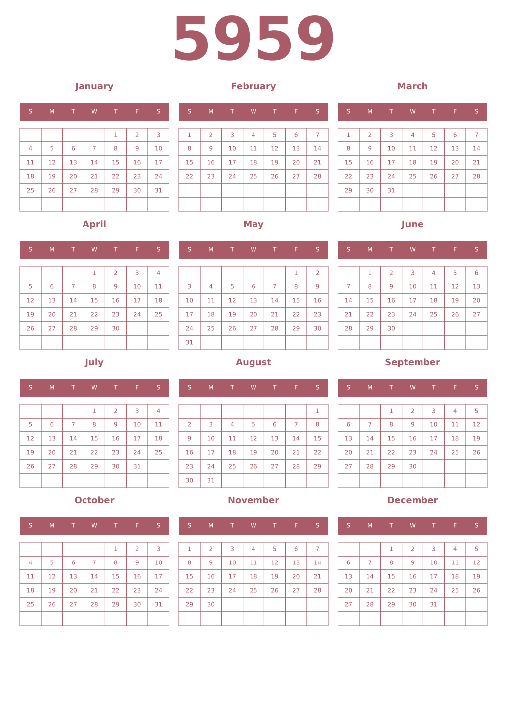 Printable 5959 Year Calendars puce
