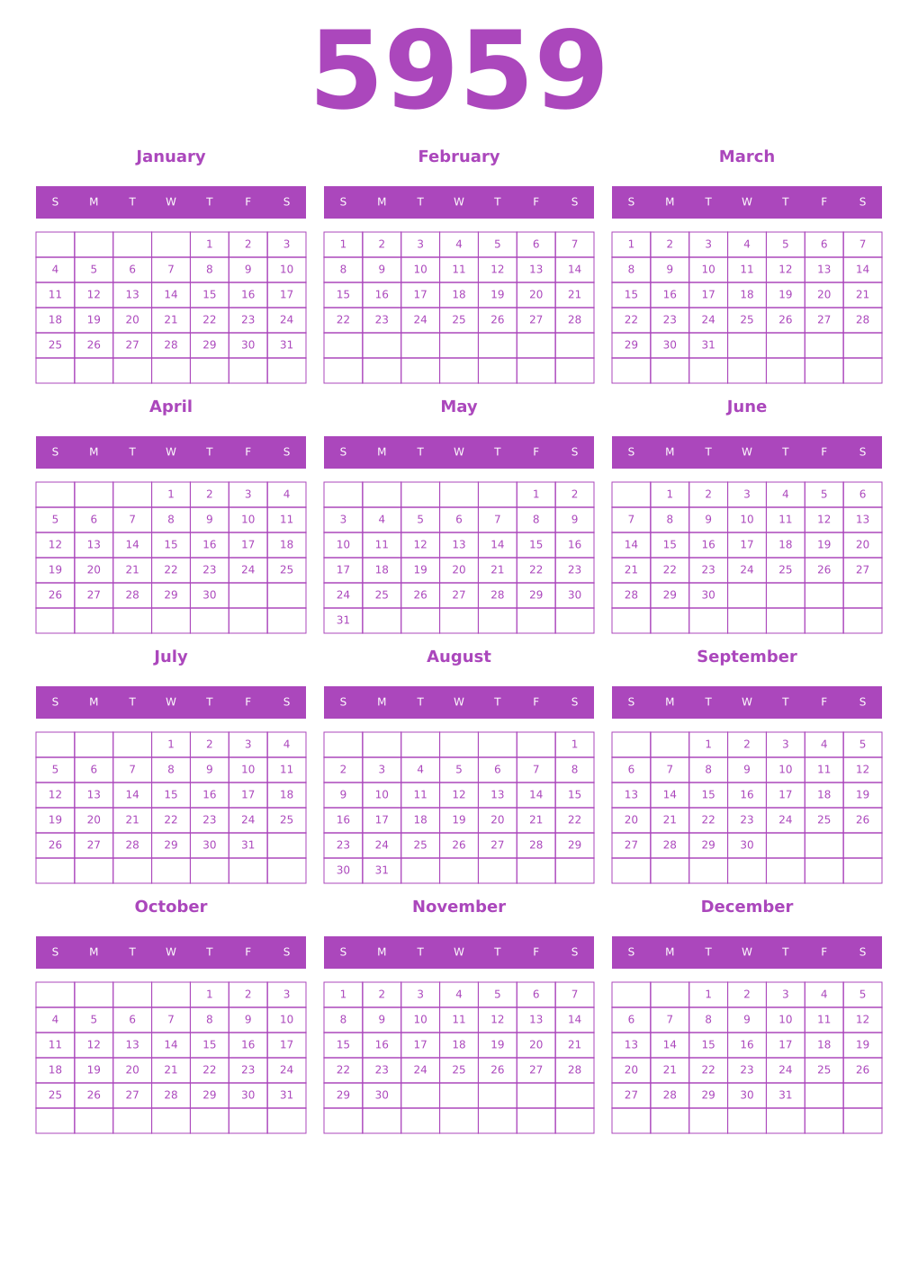 Printable 5959 Year Calendars purple
