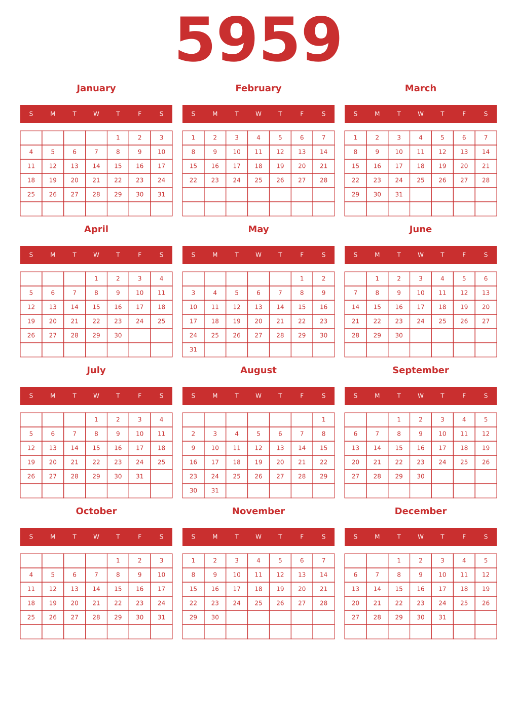 Printable 5959 Year Calendars red