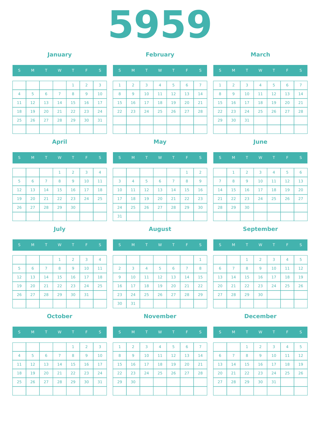 Printable 5959 Year Calendars verdigris
