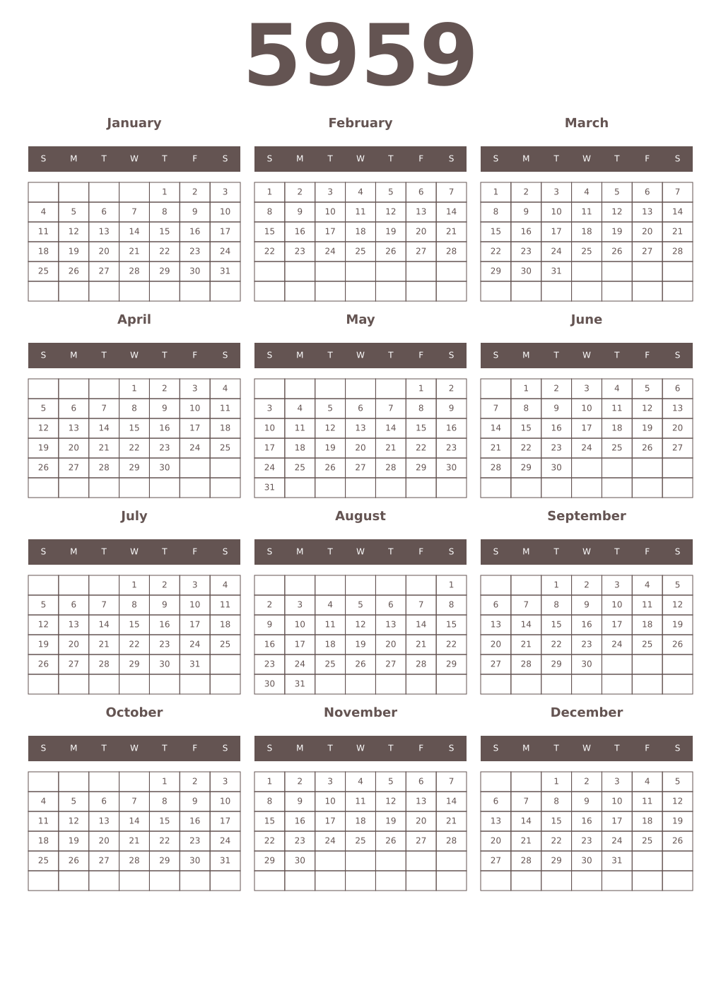 Printable 5959 Year Calendars wenge