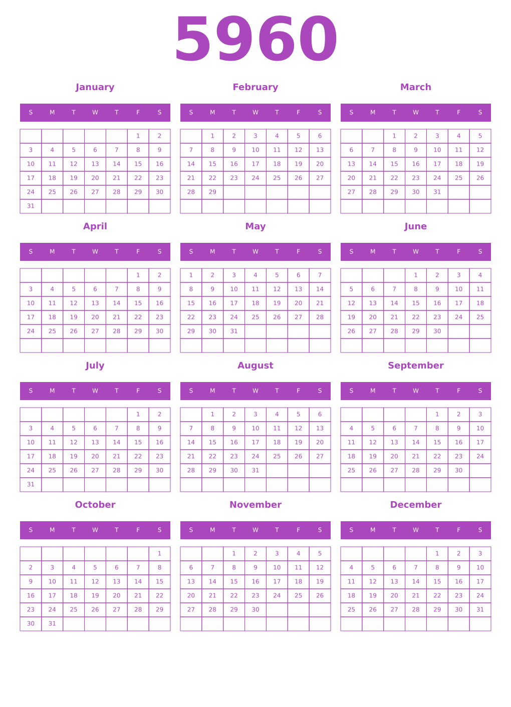 Printable 5960 Calendars