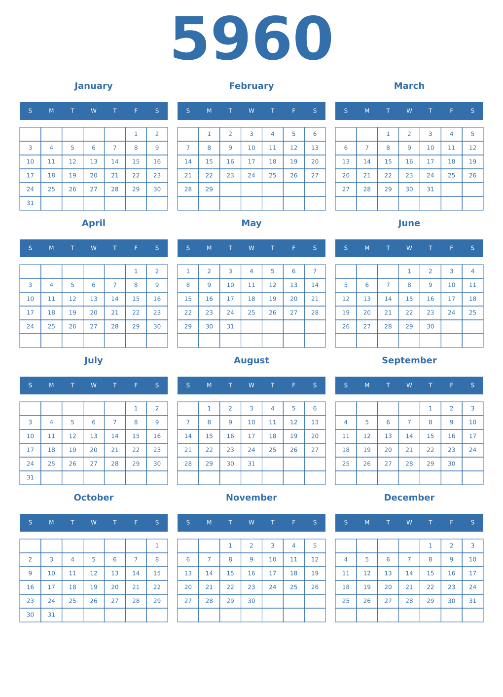 Printable 5960 Year Calendars blue
