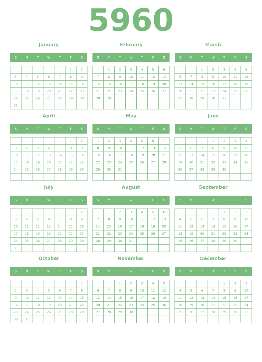 Printable 5960 Year Calendars celadon