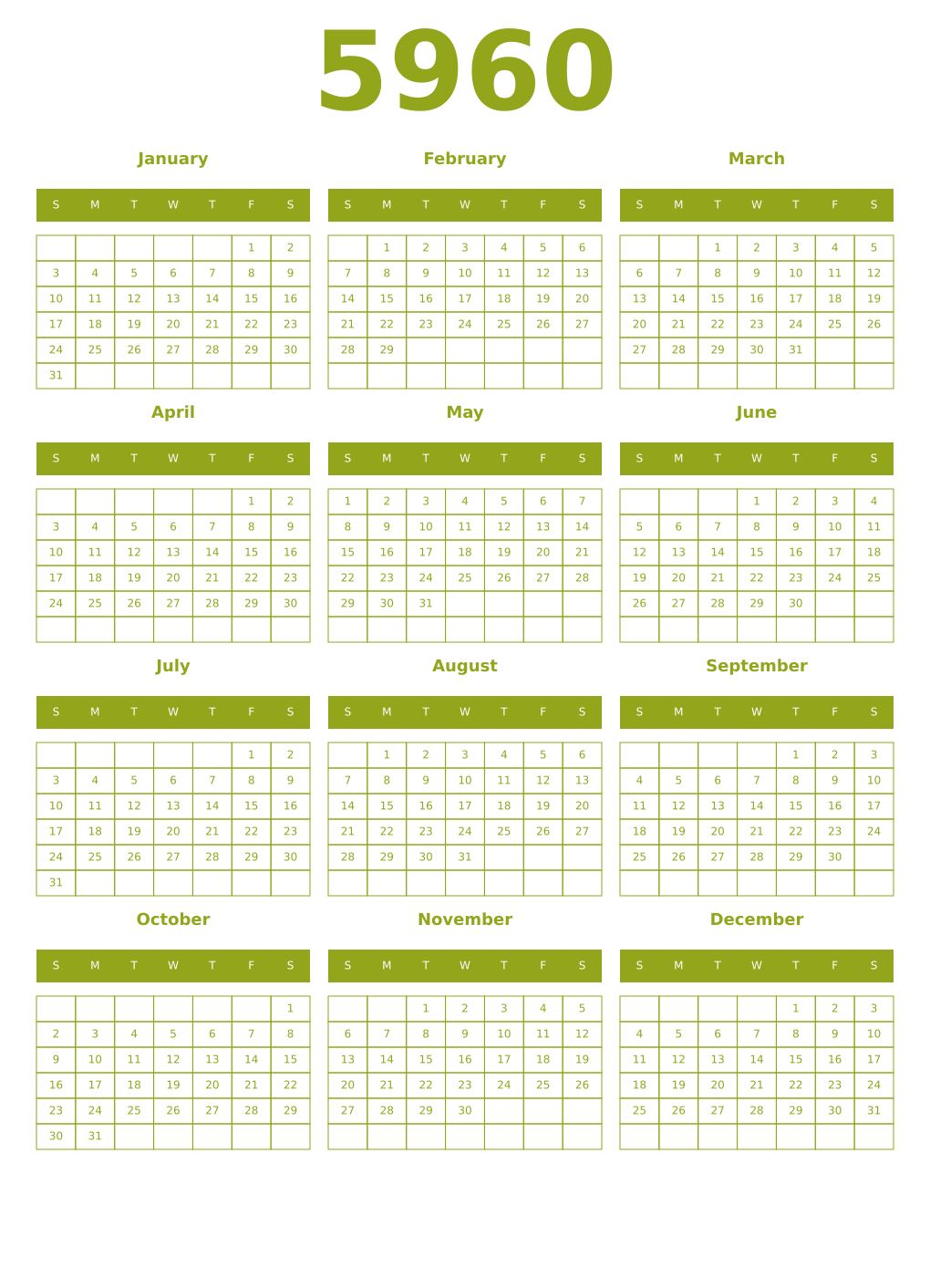 Printable 5960 Year Calendars chartreuse