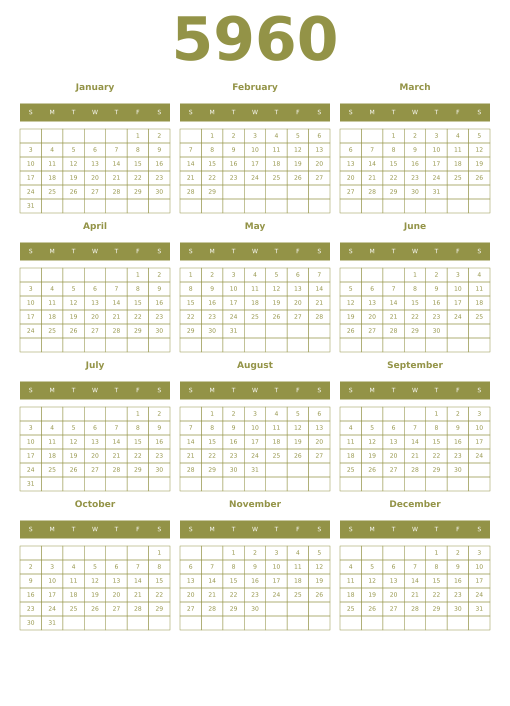 Printable 5960 Year Calendars eburnean