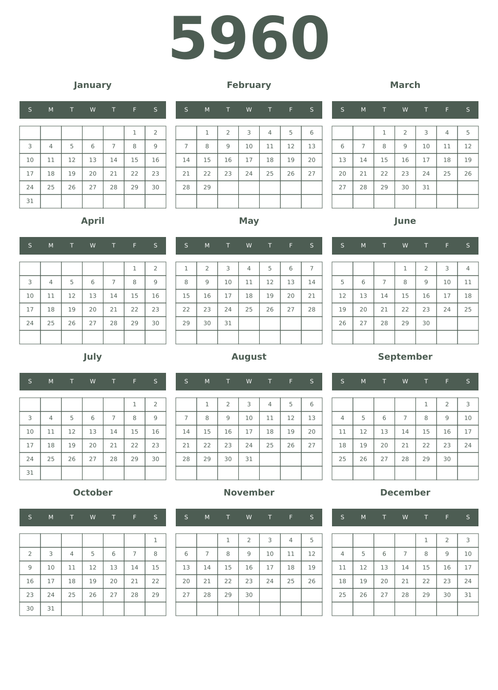 Printable 5960 Year Calendars feldgrau