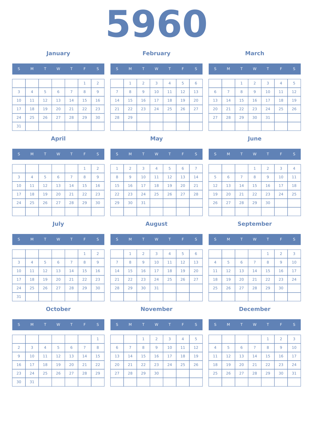 Printable 5960 Year Calendars glaucous