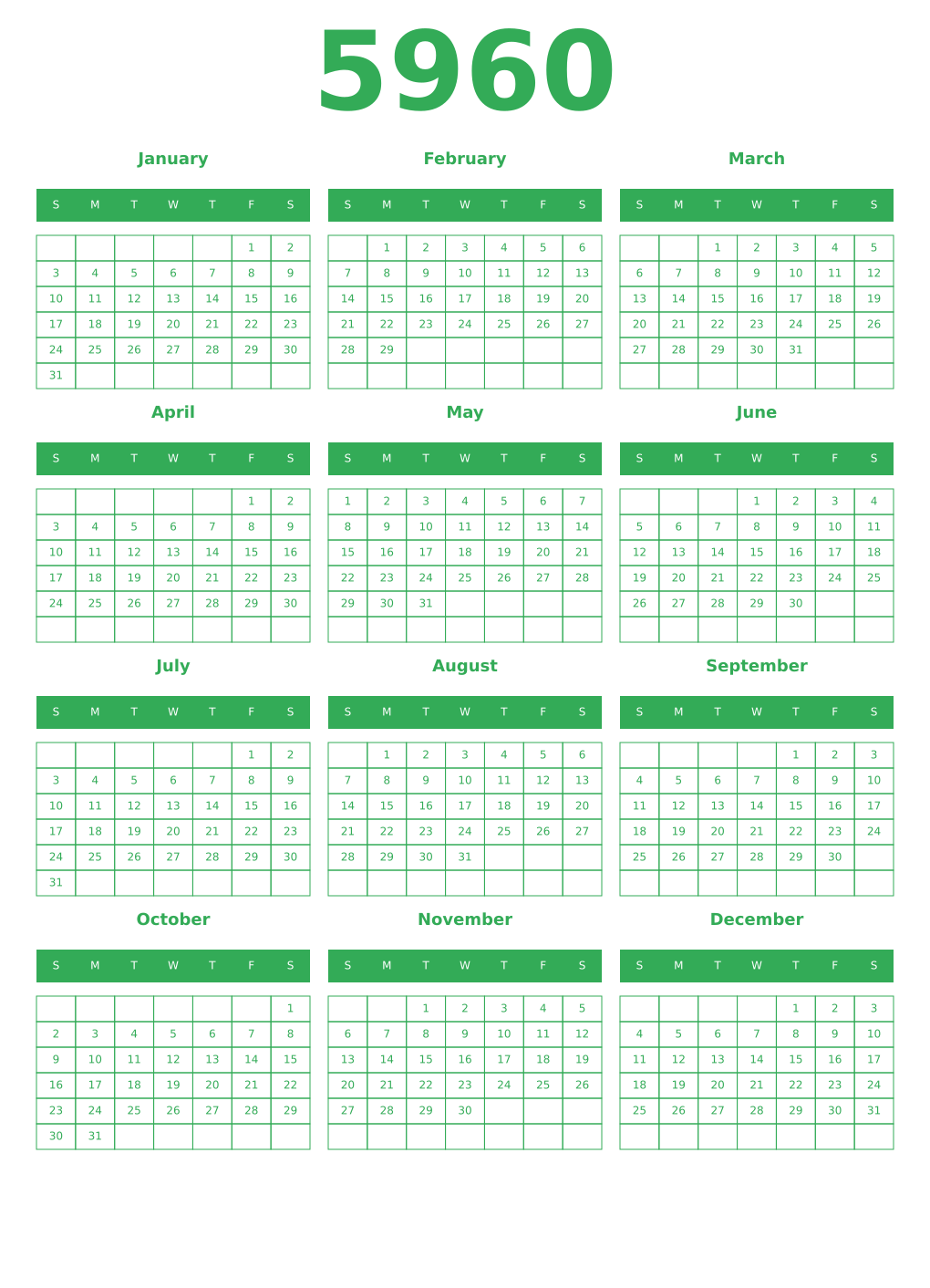 Printable 5960 Year Calendars green