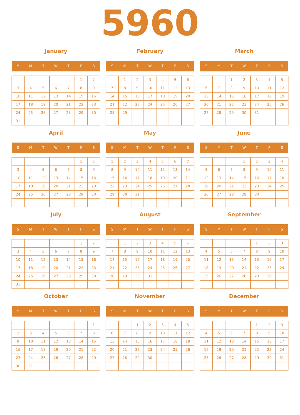 Printable 5960 Year Calendars orange