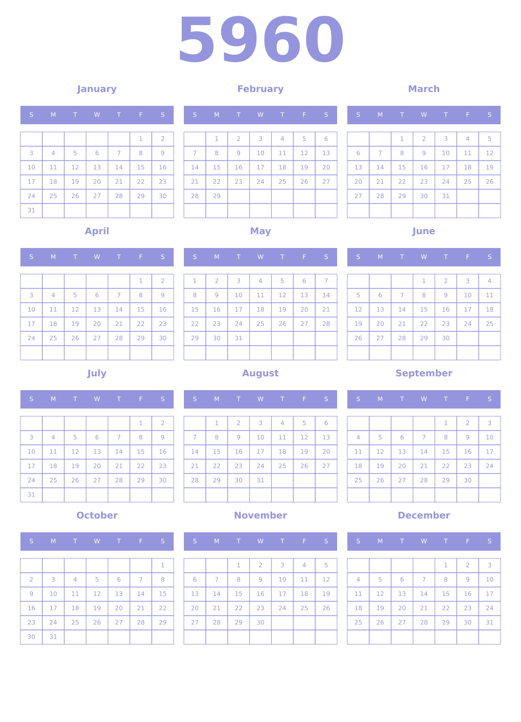 Printable 5960 Year Calendars periwinkle