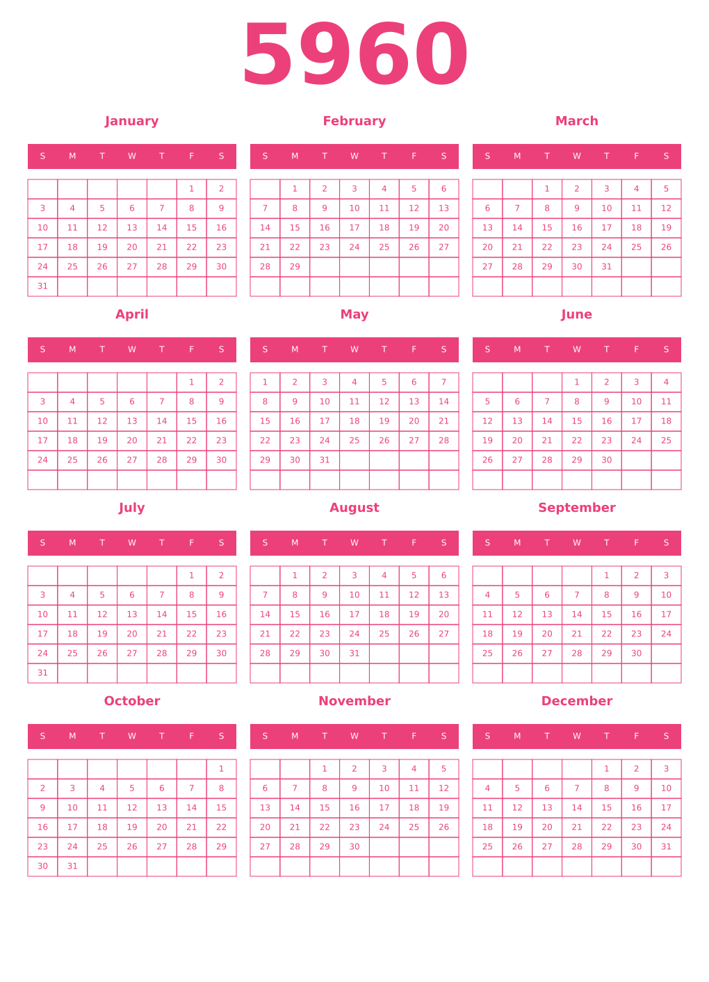 Printable 5960 Year Calendars pink