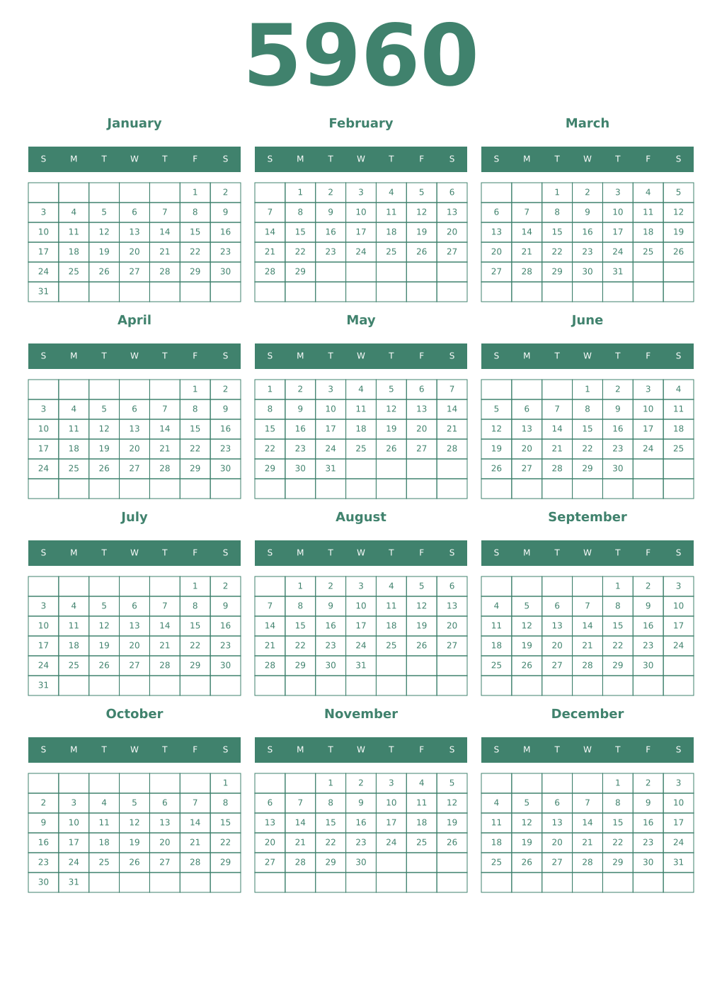 Printable 5960 Year Calendars viridian