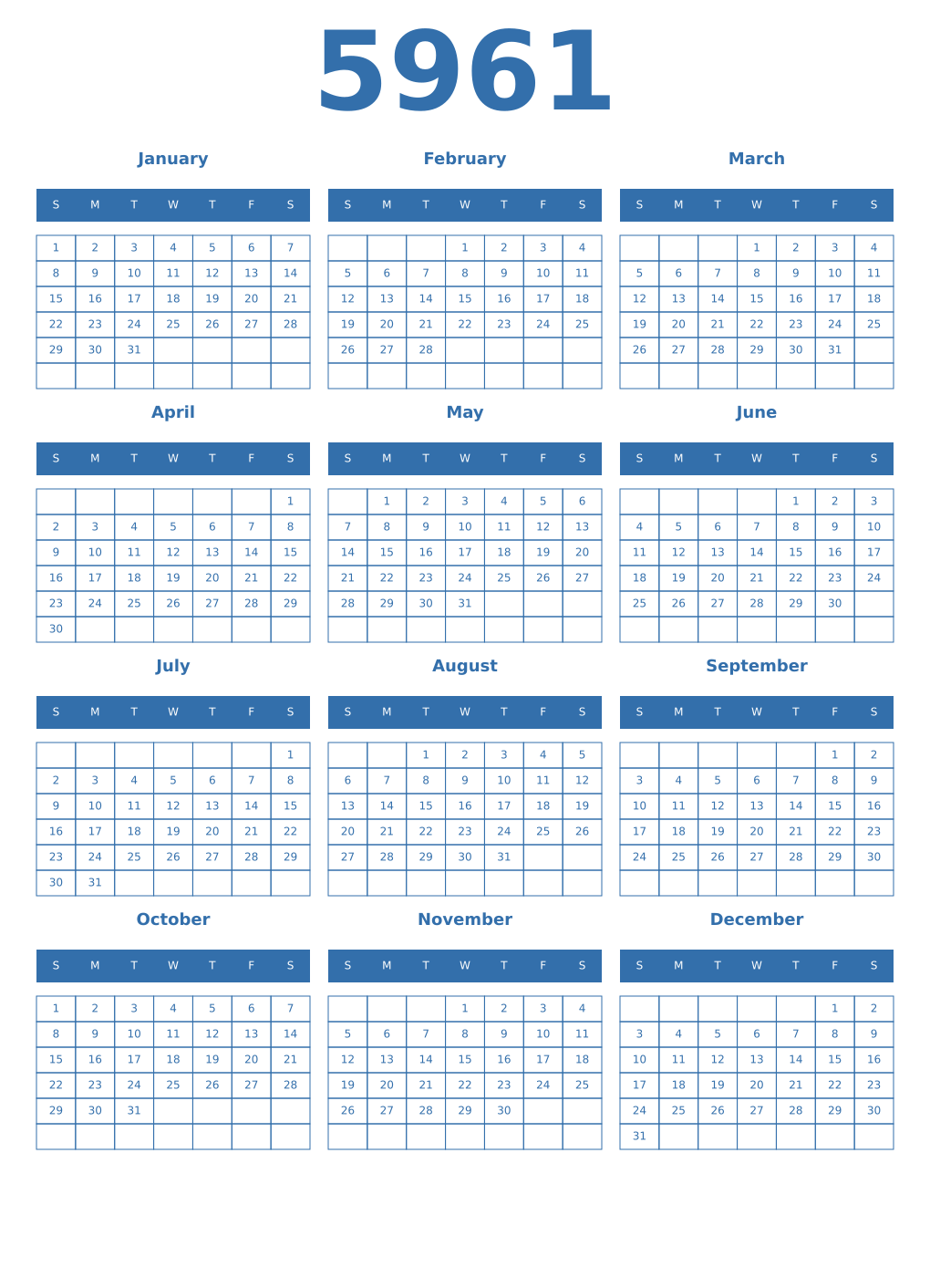 Printable 5961 Year Calendars blue