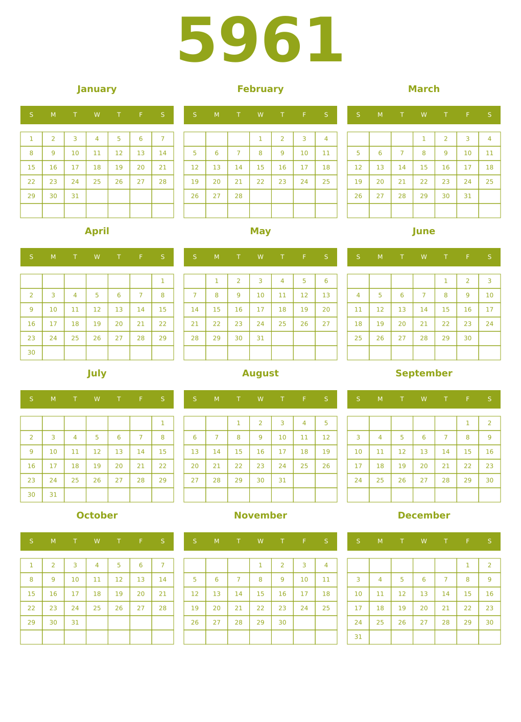 Printable 5961 Year Calendars chartreuse
