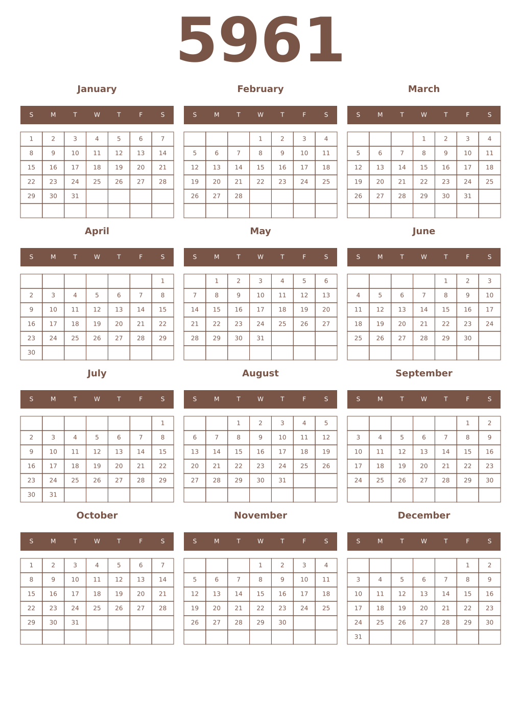 Printable 5961 Year Calendars coffe