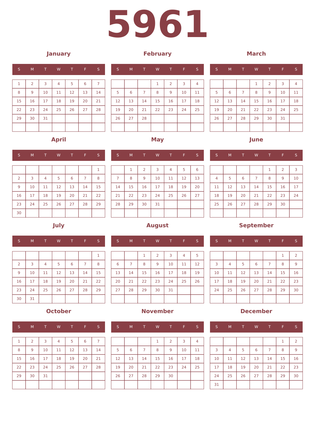 Printable 5961 Year Calendars cordovan