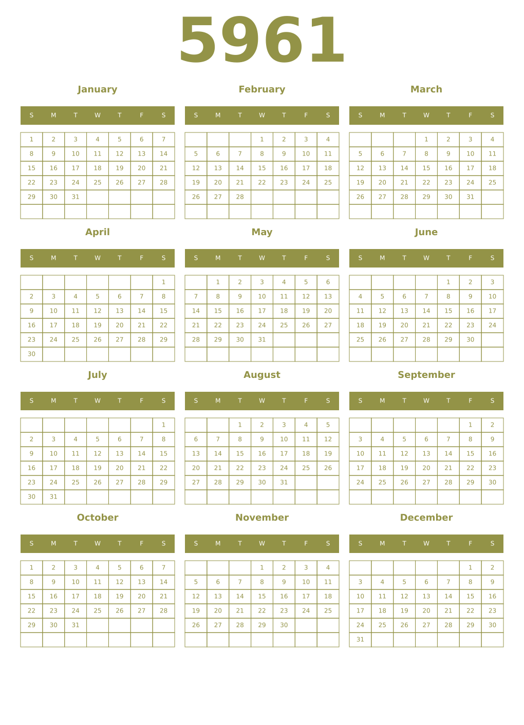 Printable 5961 Year Calendars eburnean