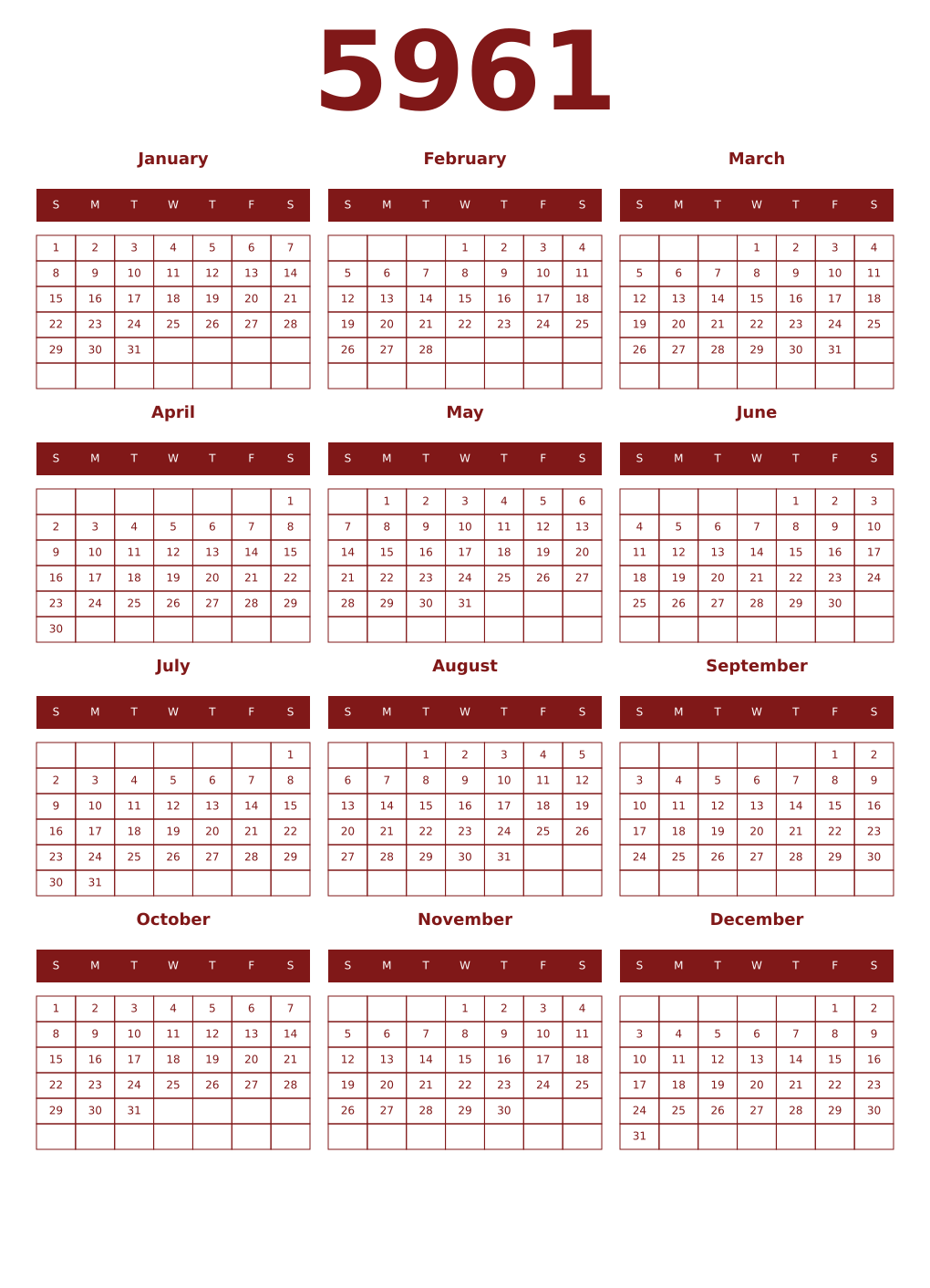 Printable 5961 Year Calendars falu