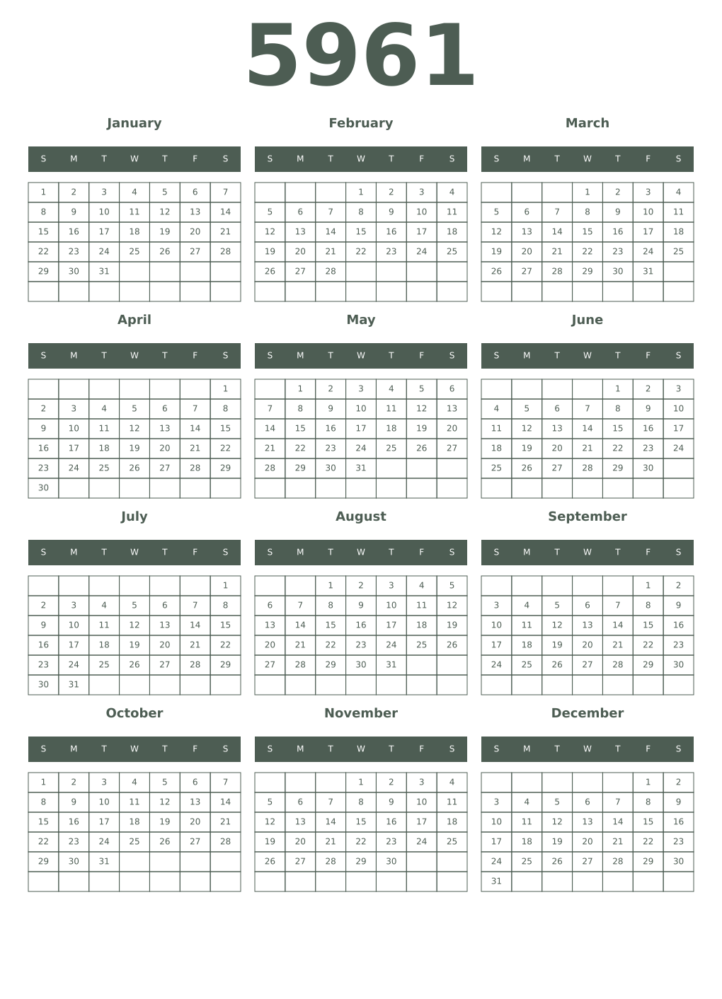 Printable 5961 Year Calendars feldgrau