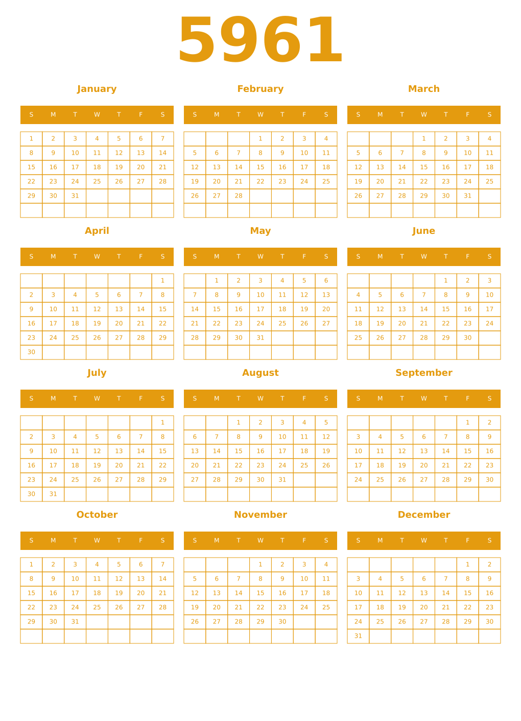 Printable 5961 Year Calendars gamboge