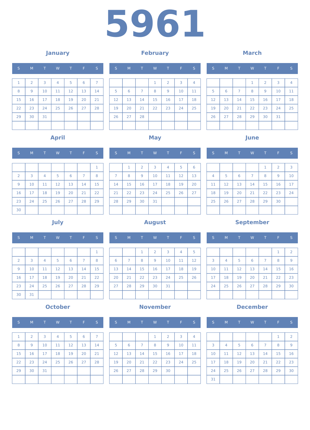 Printable 5961 Year Calendars glaucous