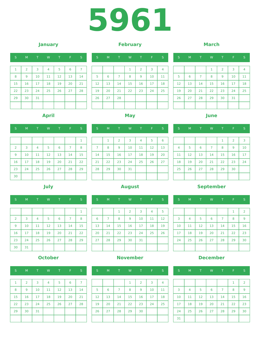 Printable 5961 Year Calendars green