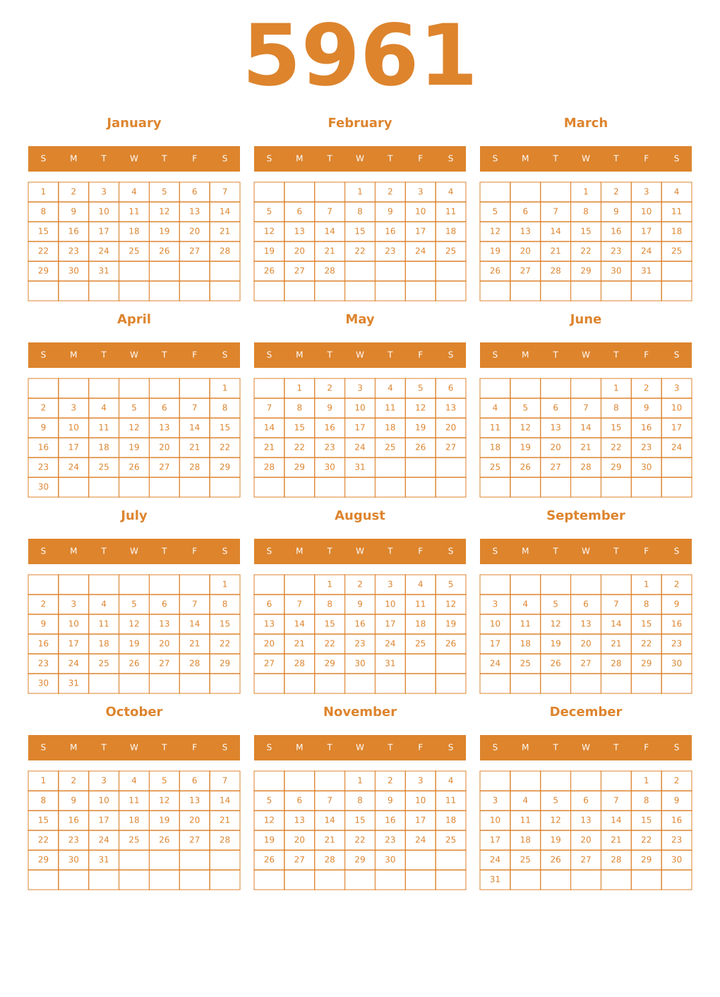 Printable 5961 Year Calendars orange