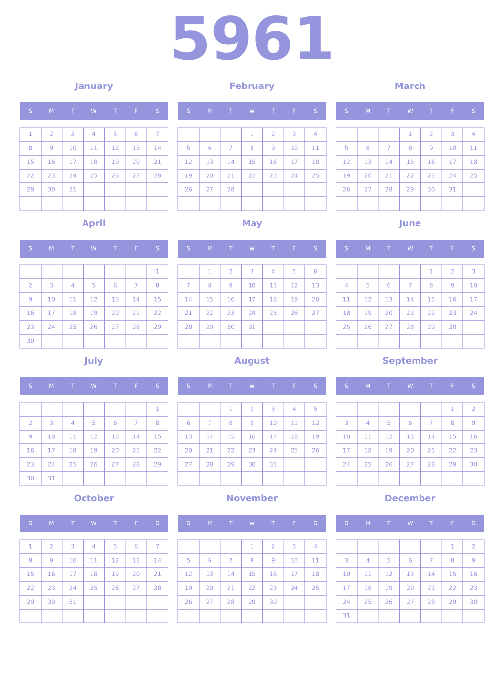 Printable 5961 Year Calendars periwinkle