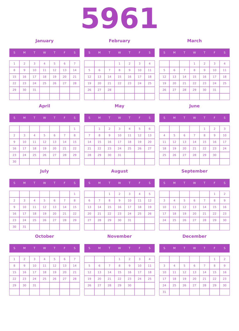 Printable 5961 Year Calendars purple