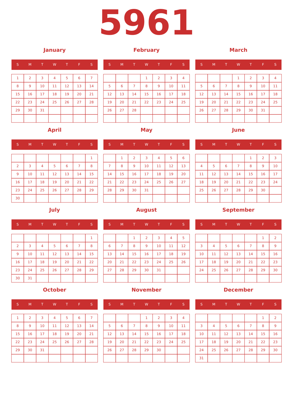 Printable 5961 Year Calendars red