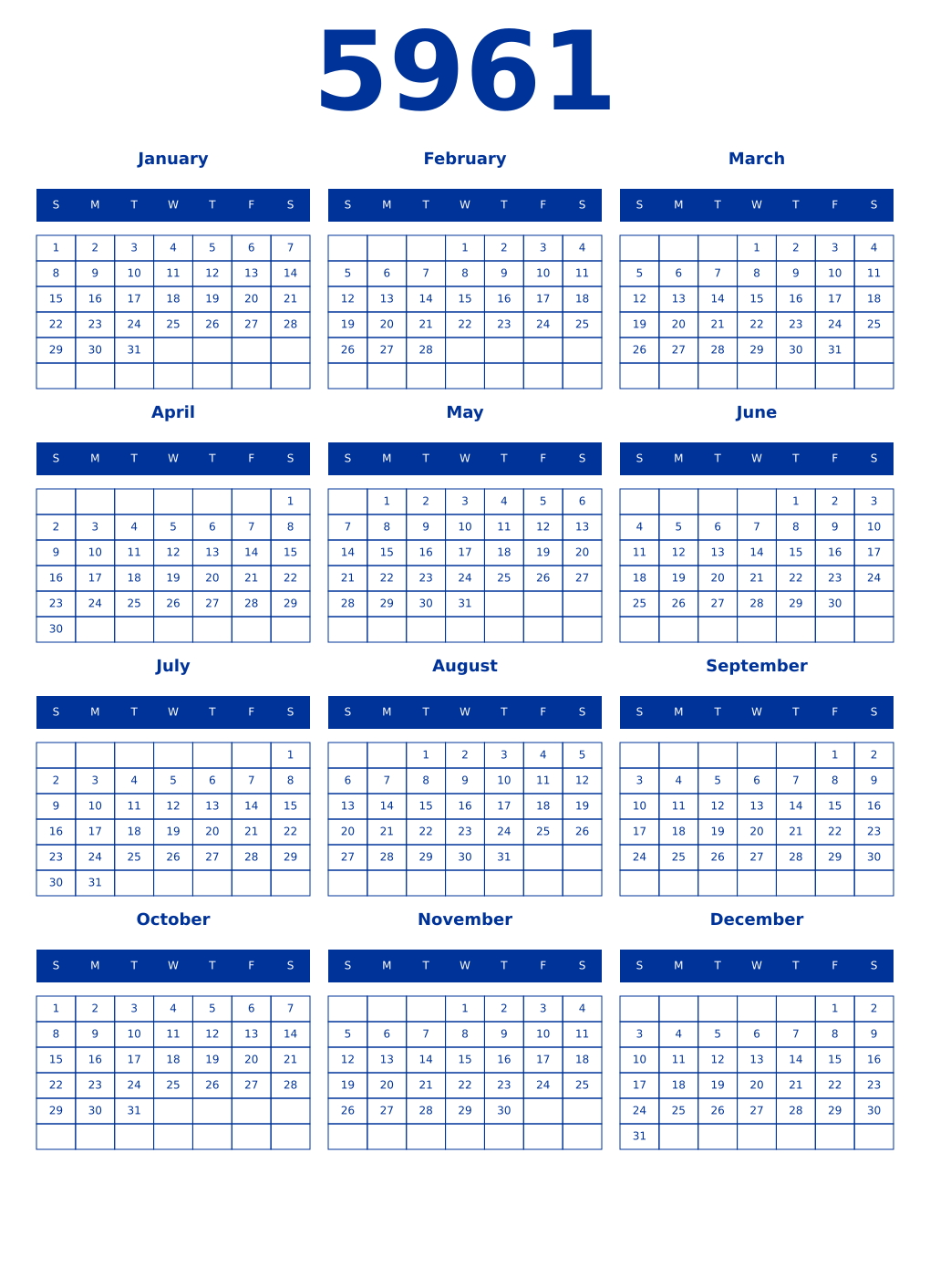 Printable 5961 Year Calendars smalt