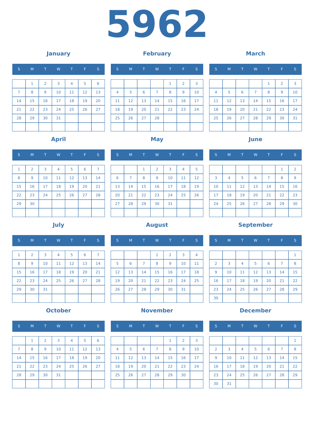 Printable 5962 Year Calendars blue