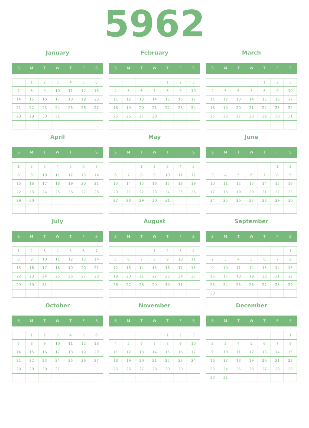 Printable 5962 Year Calendars celadon