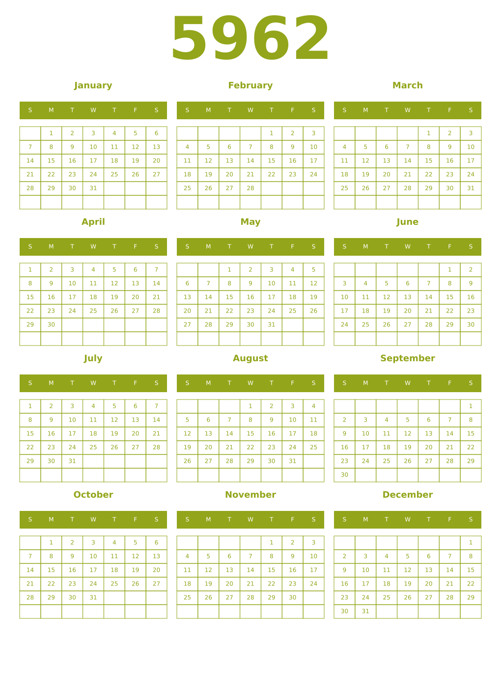 Printable 5962 Year Calendars chartreuse